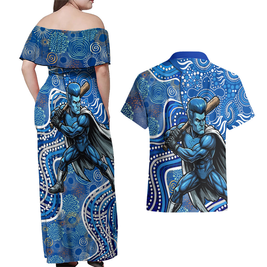 Adelaide Strikers Couples Matching Off Shoulder Maxi Dress and Hawaiian Shirt Indigenous Dot Art Superhero Batter Tribal Pattern