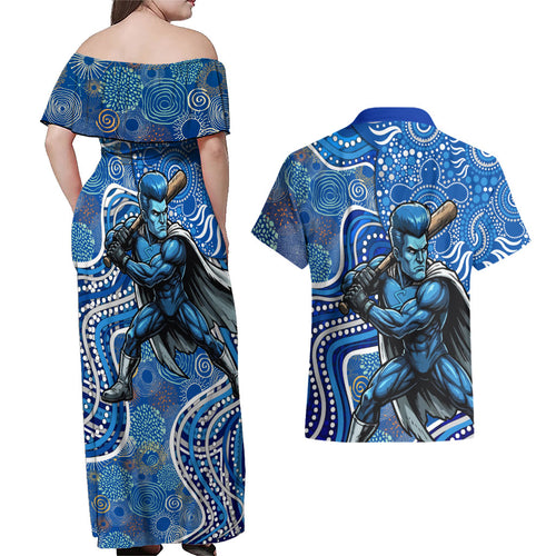 Adelaide Strikers Couples Matching Off Shoulder Maxi Dress and Hawaiian Shirt Indigenous Dot Art Superhero Batter Tribal Pattern