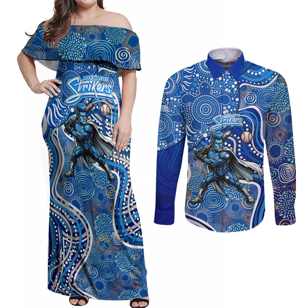 Adelaide Strikers Couples Matching Off Shoulder Maxi Dress and Long Sleeve Button Shirt Indigenous Dot Art Superhero Batter Tribal Pattern