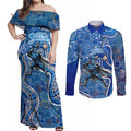 Adelaide Strikers Couples Matching Off Shoulder Maxi Dress and Long Sleeve Button Shirt Indigenous Dot Art Superhero Batter Tribal Pattern