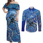 Adelaide Strikers Couples Matching Off Shoulder Maxi Dress and Long Sleeve Button Shirt Indigenous Dot Art Superhero Batter Tribal Pattern