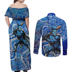 Adelaide Strikers Couples Matching Off Shoulder Maxi Dress and Long Sleeve Button Shirt Indigenous Dot Art Superhero Batter Tribal Pattern
