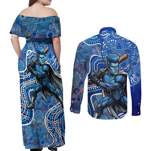 Adelaide Strikers Couples Matching Off Shoulder Maxi Dress and Long Sleeve Button Shirt Indigenous Dot Art Superhero Batter Tribal Pattern