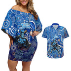 Adelaide Strikers Couples Matching Off Shoulder Short Dress and Hawaiian Shirt Indigenous Dot Art Superhero Batter Tribal Pattern