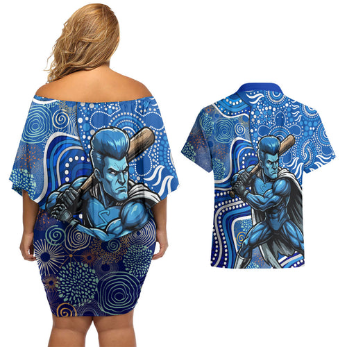 Adelaide Strikers Couples Matching Off Shoulder Short Dress and Hawaiian Shirt Indigenous Dot Art Superhero Batter Tribal Pattern