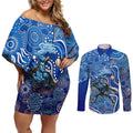 Adelaide Strikers Couples Matching Off Shoulder Short Dress and Long Sleeve Button Shirt Indigenous Dot Art Superhero Batter Tribal Pattern