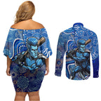 Adelaide Strikers Couples Matching Off Shoulder Short Dress and Long Sleeve Button Shirt Indigenous Dot Art Superhero Batter Tribal Pattern