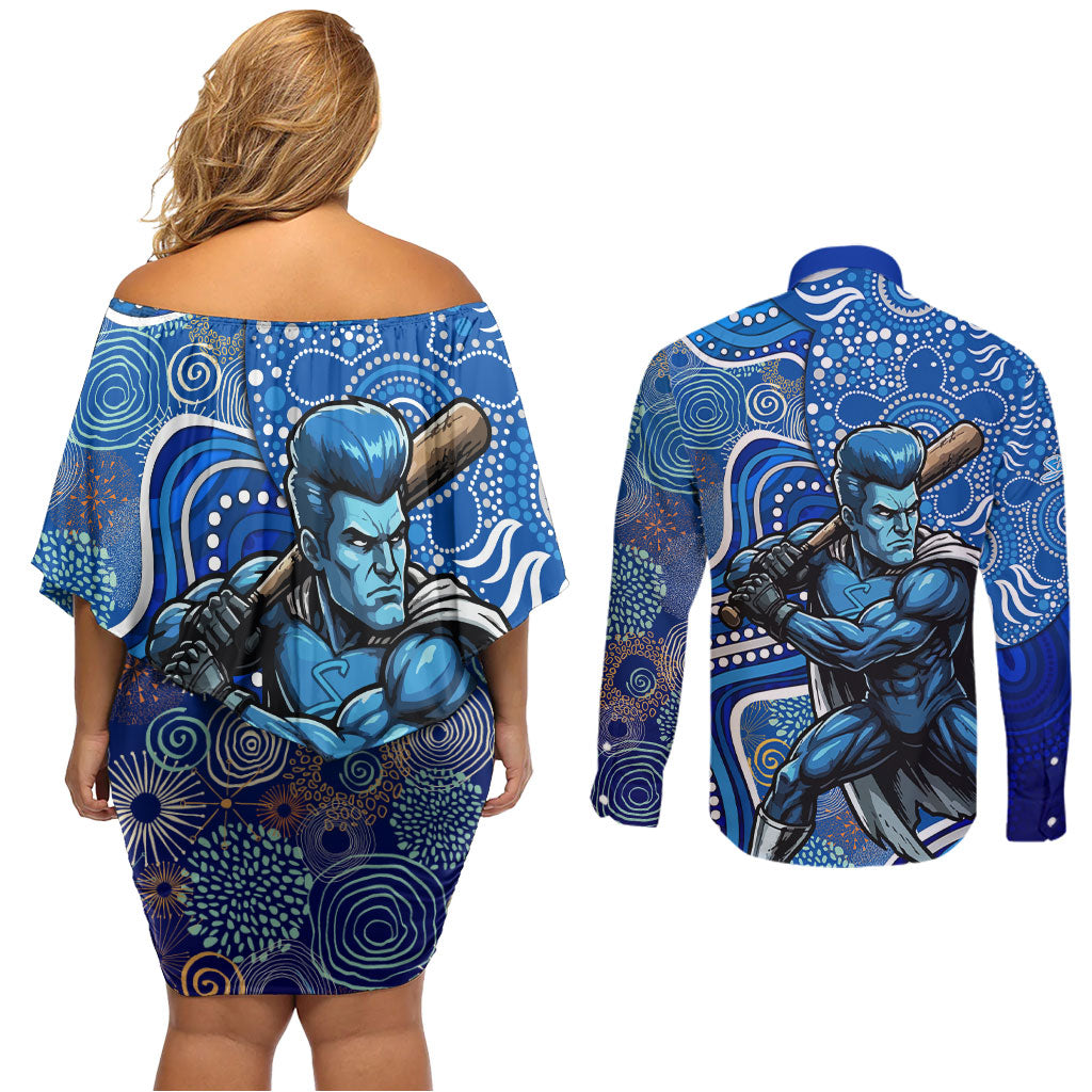 Adelaide Strikers Couples Matching Off Shoulder Short Dress and Long Sleeve Button Shirt Indigenous Dot Art Superhero Batter Tribal Pattern