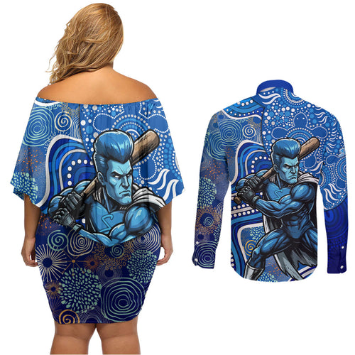 Adelaide Strikers Couples Matching Off Shoulder Short Dress and Long Sleeve Button Shirt Indigenous Dot Art Superhero Batter Tribal Pattern