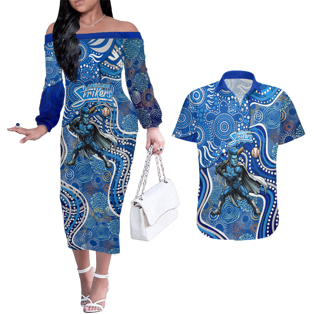 Adelaide Strikers Couples Matching Off The Shoulder Long Sleeve Dress and Hawaiian Shirt Indigenous Dot Art Superhero Batter Tribal Pattern