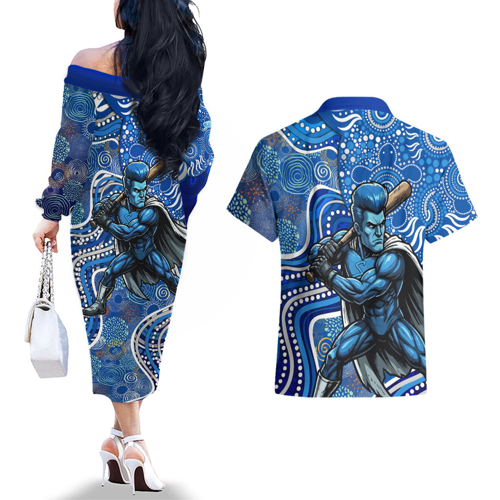 Adelaide Strikers Couples Matching Off The Shoulder Long Sleeve Dress and Hawaiian Shirt Indigenous Dot Art Superhero Batter Tribal Pattern