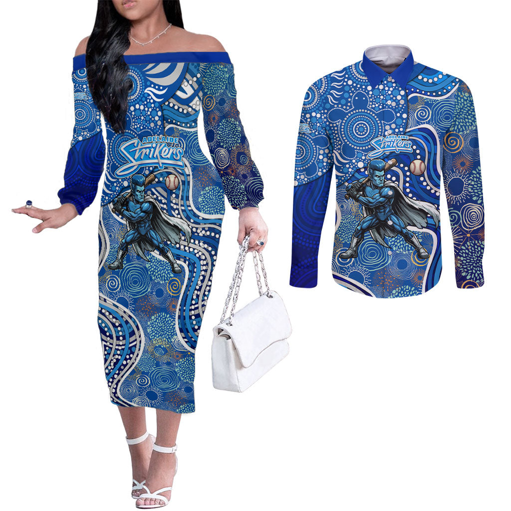 Adelaide Strikers Couples Matching Off The Shoulder Long Sleeve Dress and Long Sleeve Button Shirt Indigenous Dot Art Superhero Batter Tribal Pattern