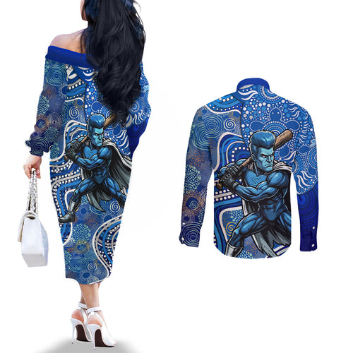 Adelaide Strikers Couples Matching Off The Shoulder Long Sleeve Dress and Long Sleeve Button Shirt Indigenous Dot Art Superhero Batter Tribal Pattern