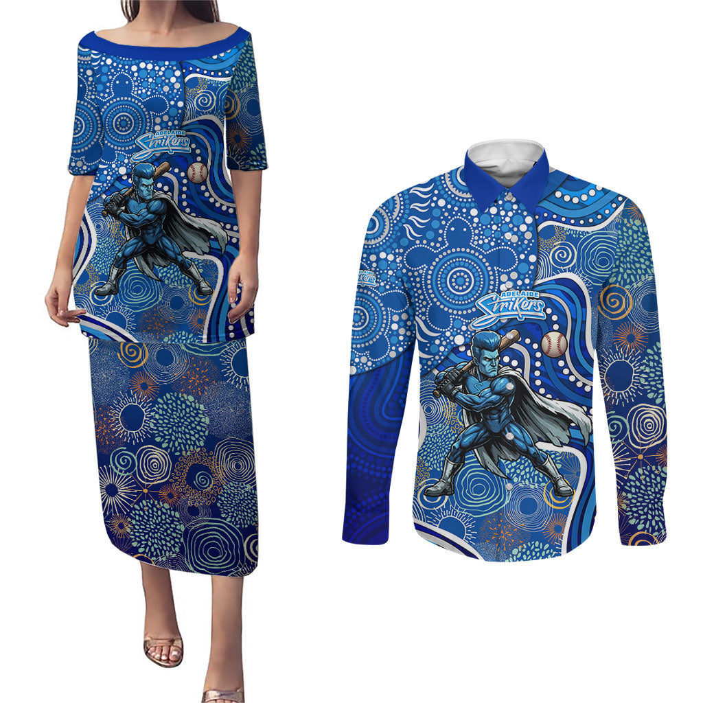 Adelaide Strikers Couples Matching Puletasi and Long Sleeve Button Shirt Indigenous Dot Art Superhero Batter Tribal Pattern