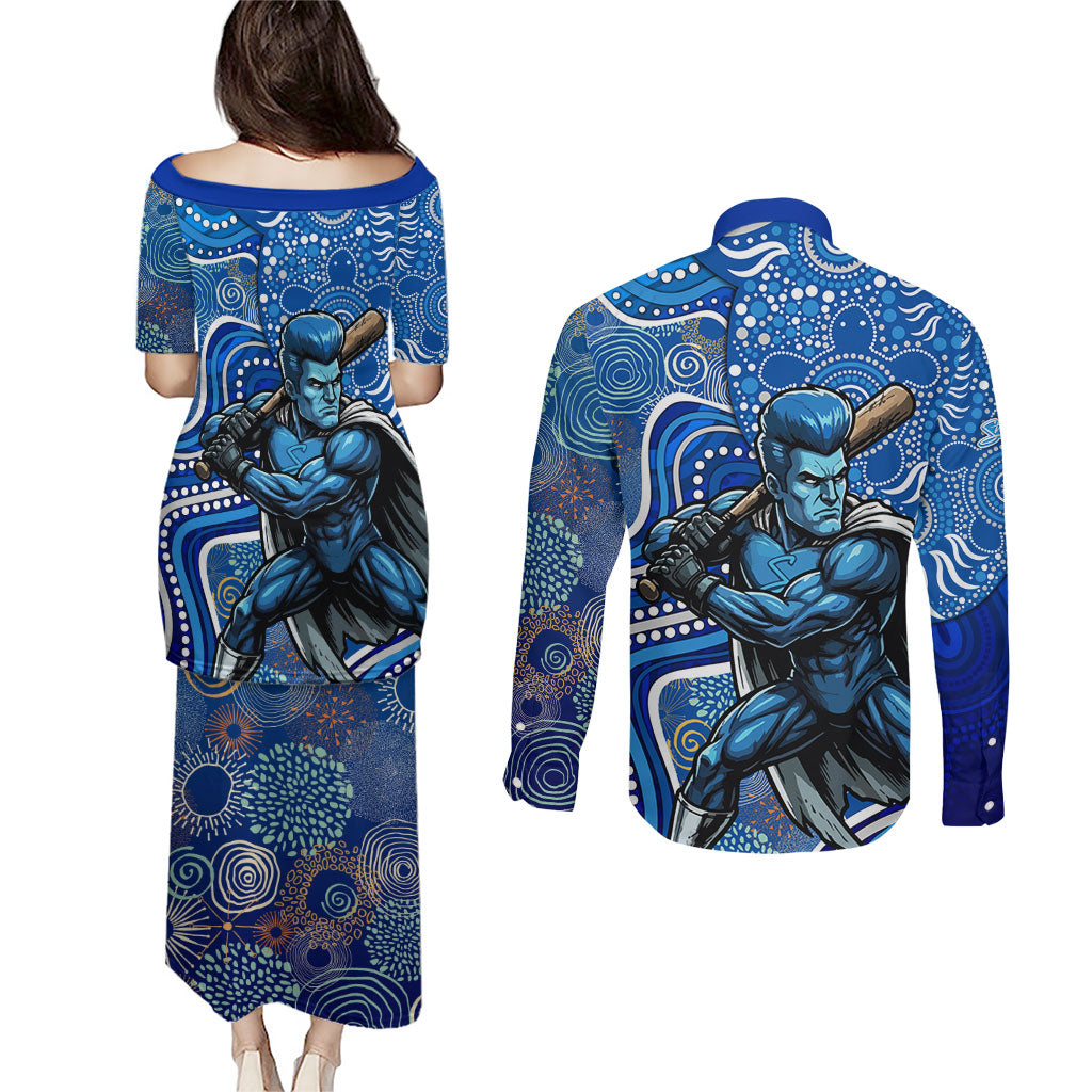 Adelaide Strikers Couples Matching Puletasi and Long Sleeve Button Shirt Indigenous Dot Art Superhero Batter Tribal Pattern
