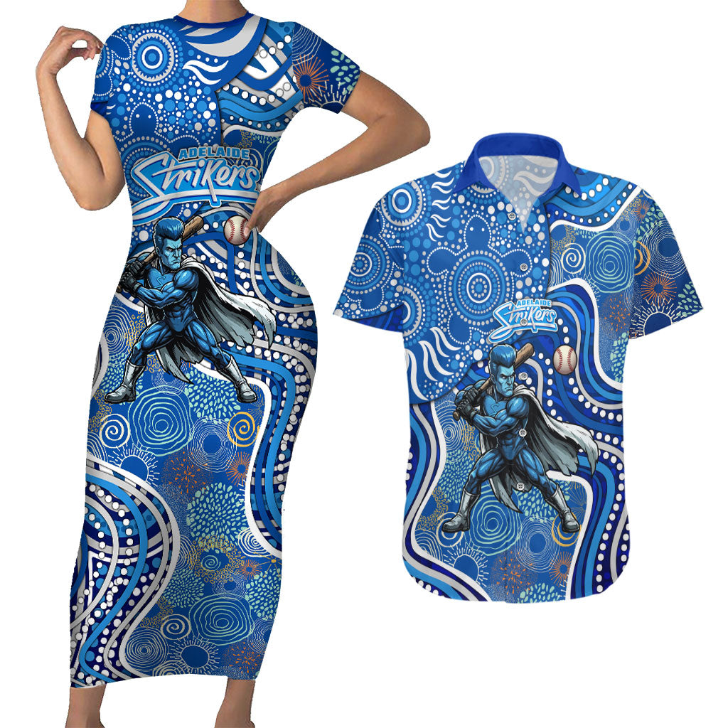 Adelaide Strikers Couples Matching Short Sleeve Bodycon Dress and Hawaiian Shirt Indigenous Dot Art Superhero Batter Tribal Pattern
