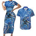 Adelaide Strikers Couples Matching Short Sleeve Bodycon Dress and Hawaiian Shirt Indigenous Dot Art Superhero Batter Tribal Pattern