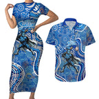 Adelaide Strikers Couples Matching Short Sleeve Bodycon Dress and Hawaiian Shirt Indigenous Dot Art Superhero Batter Tribal Pattern