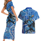 Adelaide Strikers Couples Matching Short Sleeve Bodycon Dress and Hawaiian Shirt Indigenous Dot Art Superhero Batter Tribal Pattern