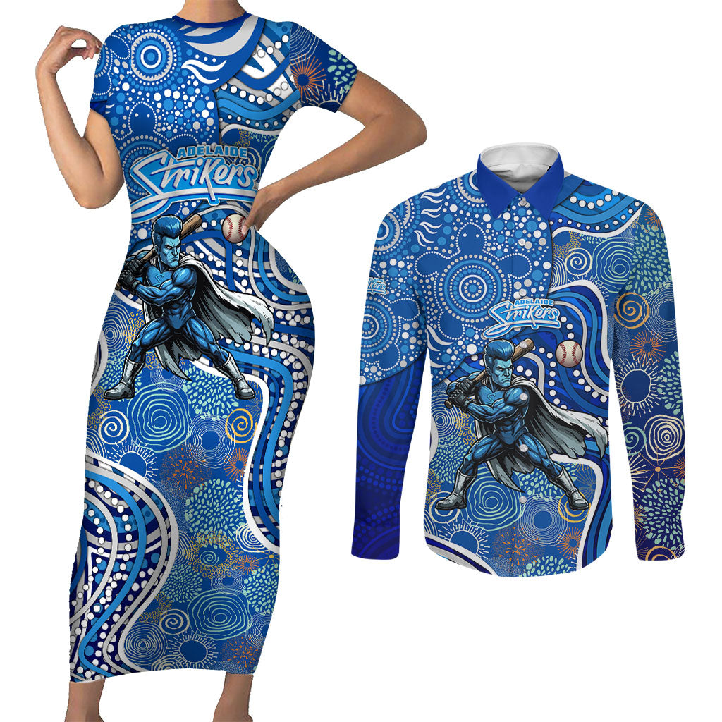 Adelaide Strikers Couples Matching Short Sleeve Bodycon Dress and Long Sleeve Button Shirt Indigenous Dot Art Superhero Batter Tribal Pattern