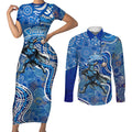 Adelaide Strikers Couples Matching Short Sleeve Bodycon Dress and Long Sleeve Button Shirt Indigenous Dot Art Superhero Batter Tribal Pattern