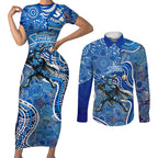 Adelaide Strikers Couples Matching Short Sleeve Bodycon Dress and Long Sleeve Button Shirt Indigenous Dot Art Superhero Batter Tribal Pattern