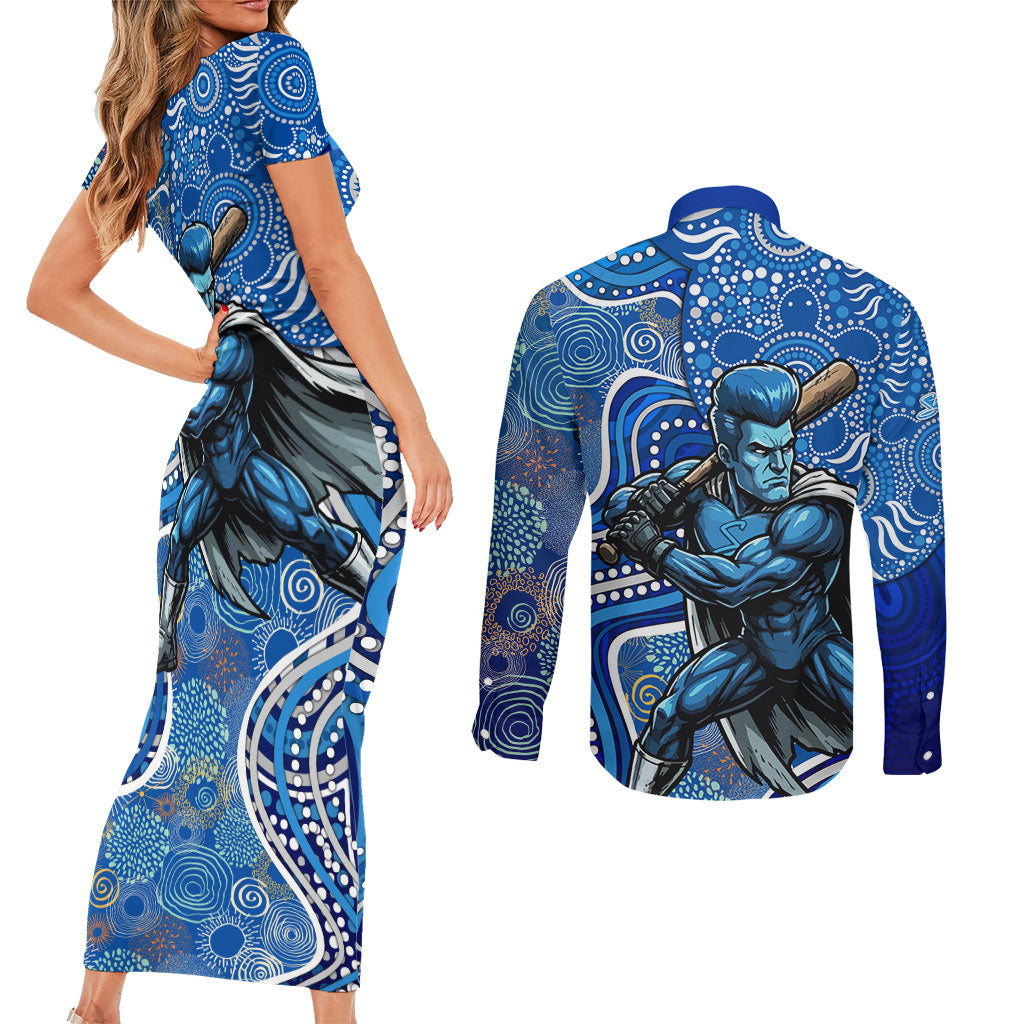 Adelaide Strikers Couples Matching Short Sleeve Bodycon Dress and Long Sleeve Button Shirt Indigenous Dot Art Superhero Batter Tribal Pattern