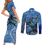 Adelaide Strikers Couples Matching Short Sleeve Bodycon Dress and Long Sleeve Button Shirt Indigenous Dot Art Superhero Batter Tribal Pattern