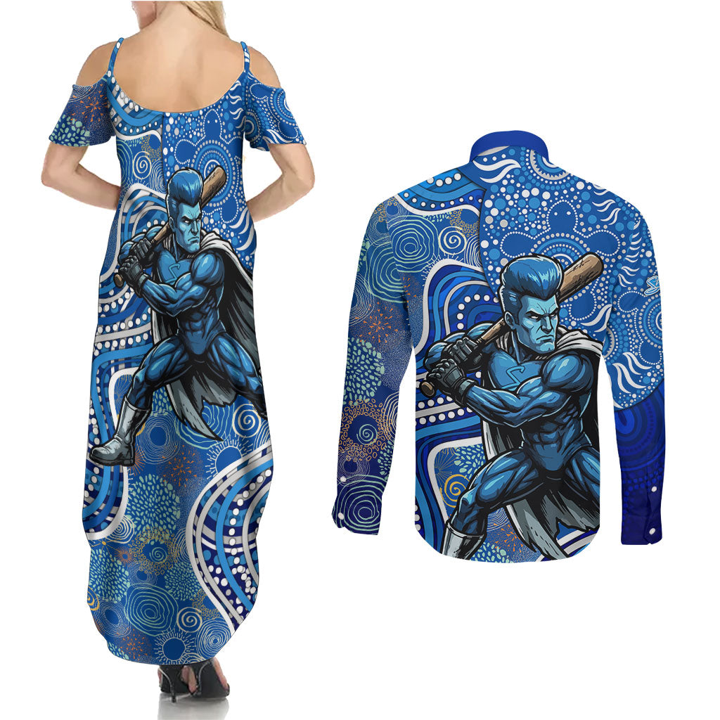 Adelaide Strikers Couples Matching Summer Maxi Dress and Long Sleeve Button Shirt Indigenous Dot Art Superhero Batter Tribal Pattern