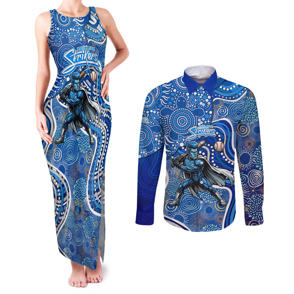 Adelaide Strikers Couples Matching Tank Maxi Dress and Long Sleeve Button Shirt Indigenous Dot Art Superhero Batter Tribal Pattern