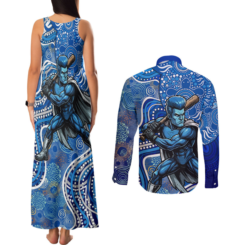 Adelaide Strikers Couples Matching Tank Maxi Dress and Long Sleeve Button Shirt Indigenous Dot Art Superhero Batter Tribal Pattern