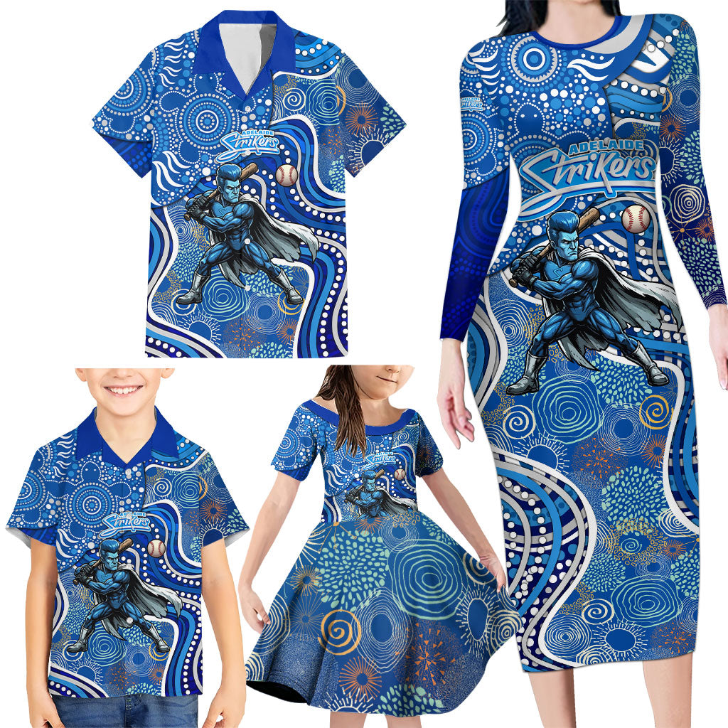 Adelaide Strikers Family Matching Long Sleeve Bodycon Dress and Hawaiian Shirt Indigenous Dot Art Superhero Batter Tribal Pattern
