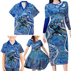 Adelaide Strikers Family Matching Long Sleeve Bodycon Dress and Hawaiian Shirt Indigenous Dot Art Superhero Batter Tribal Pattern