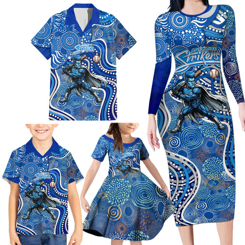 Adelaide Strikers Family Matching Long Sleeve Bodycon Dress and Hawaiian Shirt Indigenous Dot Art Superhero Batter Tribal Pattern