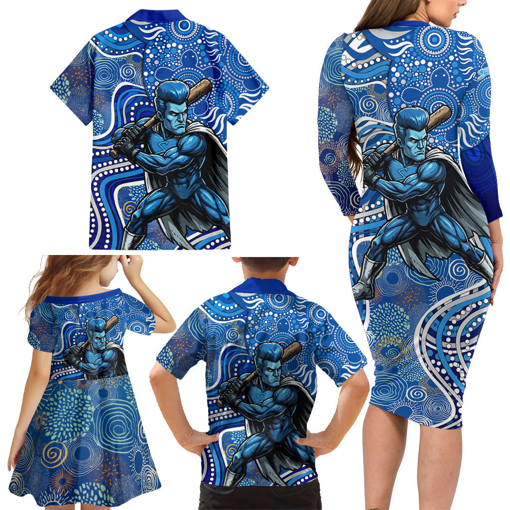 Adelaide Strikers Family Matching Long Sleeve Bodycon Dress and Hawaiian Shirt Indigenous Dot Art Superhero Batter Tribal Pattern