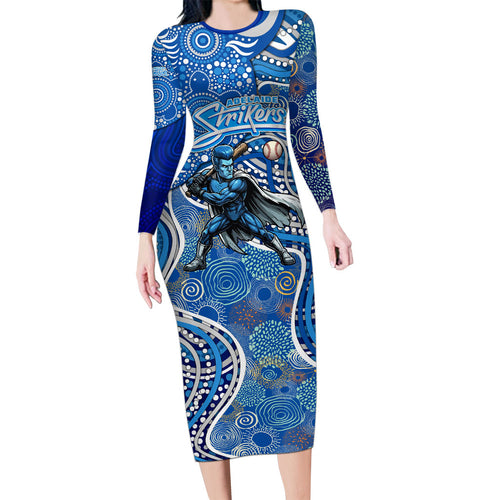 Adelaide Strikers Family Matching Long Sleeve Bodycon Dress and Hawaiian Shirt Indigenous Dot Art Superhero Batter Tribal Pattern