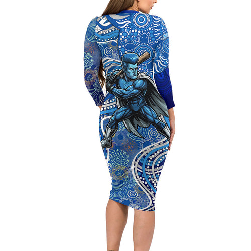 Adelaide Strikers Family Matching Long Sleeve Bodycon Dress and Hawaiian Shirt Indigenous Dot Art Superhero Batter Tribal Pattern