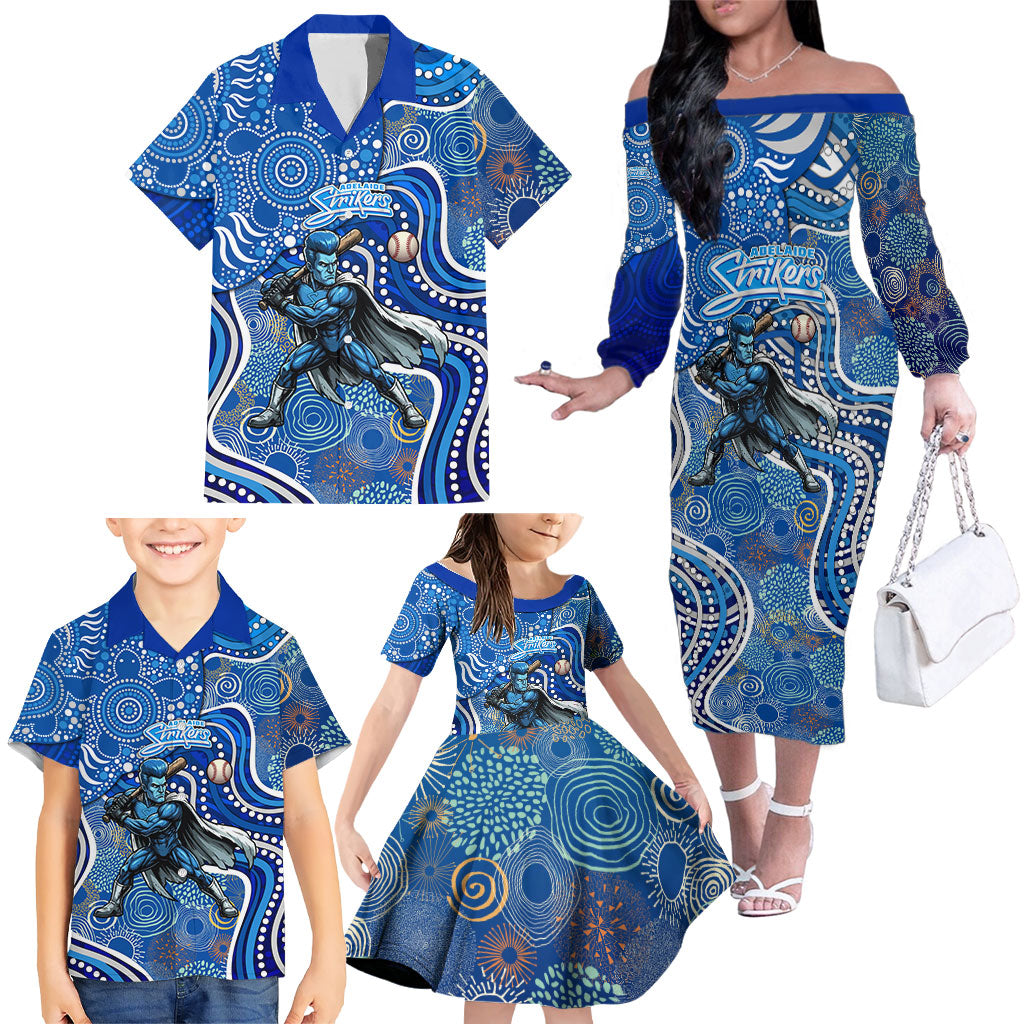 Adelaide Strikers Family Matching Off The Shoulder Long Sleeve Dress and Hawaiian Shirt Indigenous Dot Art Superhero Batter Tribal Pattern