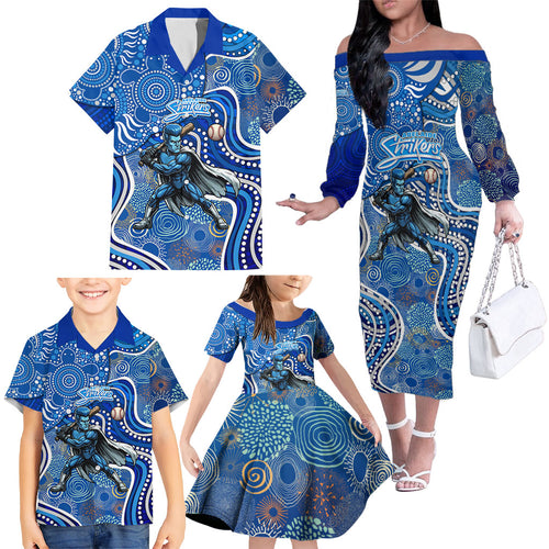 Adelaide Strikers Family Matching Off The Shoulder Long Sleeve Dress and Hawaiian Shirt Indigenous Dot Art Superhero Batter Tribal Pattern