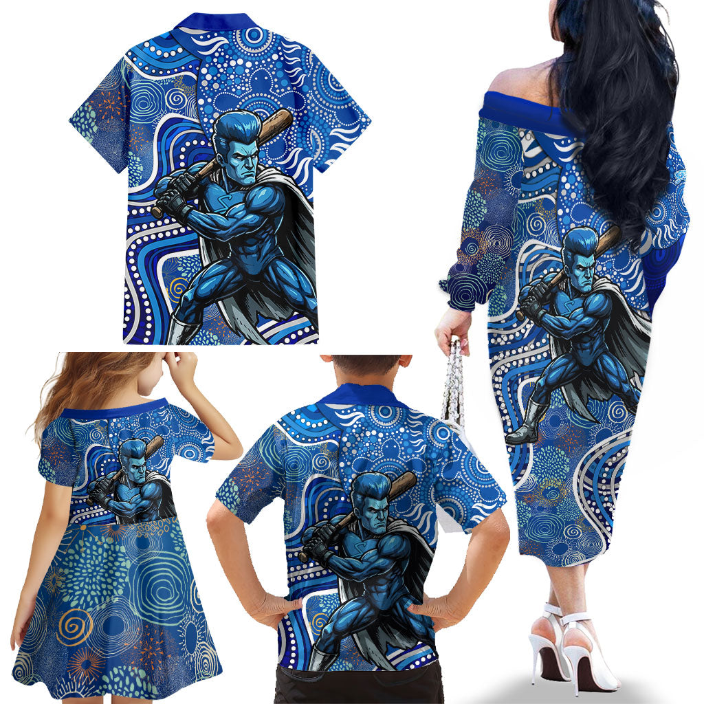 Adelaide Strikers Family Matching Off The Shoulder Long Sleeve Dress and Hawaiian Shirt Indigenous Dot Art Superhero Batter Tribal Pattern