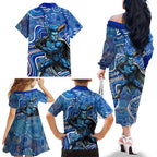 Adelaide Strikers Family Matching Off The Shoulder Long Sleeve Dress and Hawaiian Shirt Indigenous Dot Art Superhero Batter Tribal Pattern