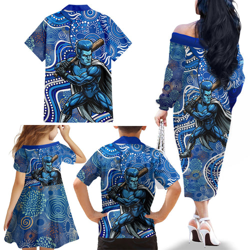 Adelaide Strikers Family Matching Off The Shoulder Long Sleeve Dress and Hawaiian Shirt Indigenous Dot Art Superhero Batter Tribal Pattern