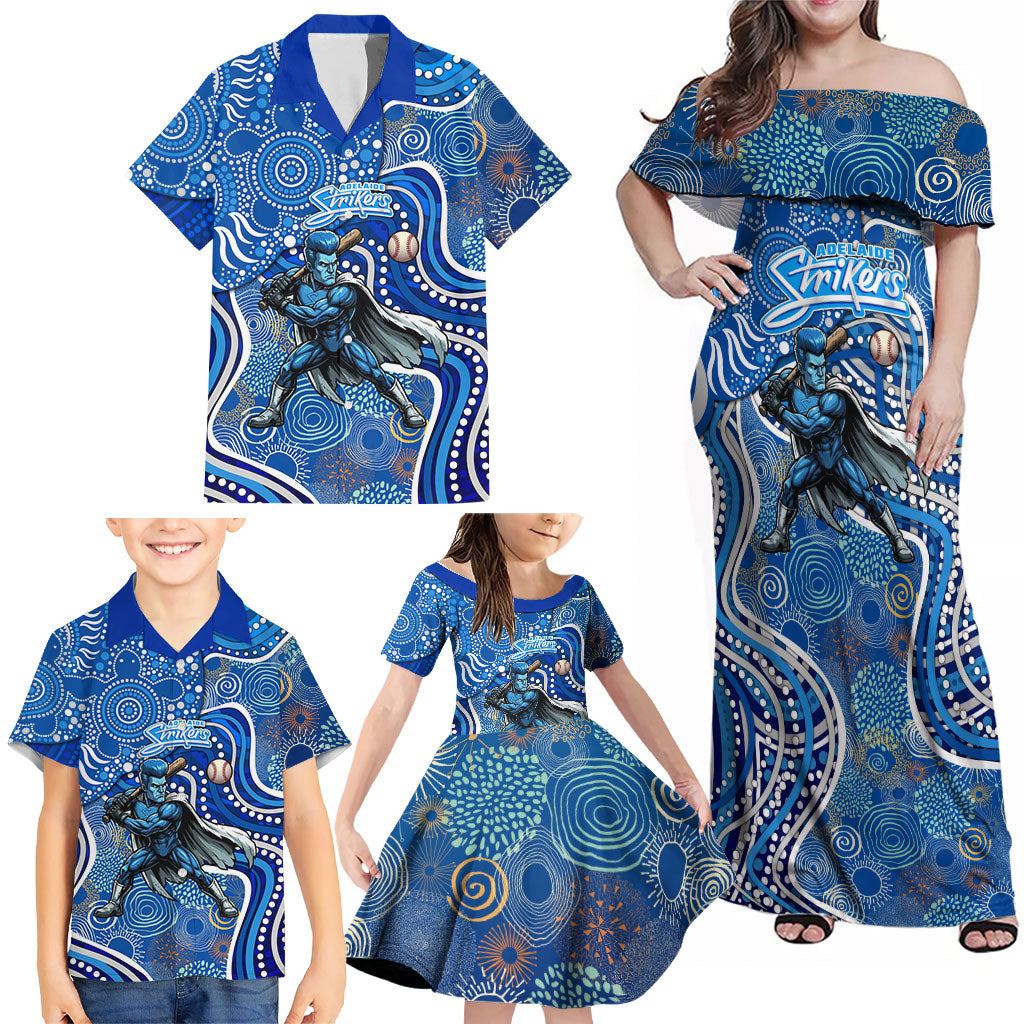 Adelaide Strikers Family Matching Off Shoulder Maxi Dress and Hawaiian Shirt Indigenous Dot Art Superhero Batter Tribal Pattern