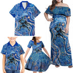 Adelaide Strikers Family Matching Off Shoulder Maxi Dress and Hawaiian Shirt Indigenous Dot Art Superhero Batter Tribal Pattern