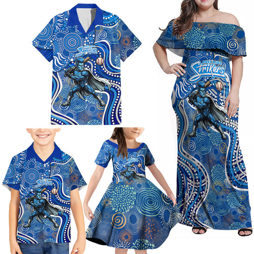 Adelaide Strikers Family Matching Off Shoulder Maxi Dress and Hawaiian Shirt Indigenous Dot Art Superhero Batter Tribal Pattern