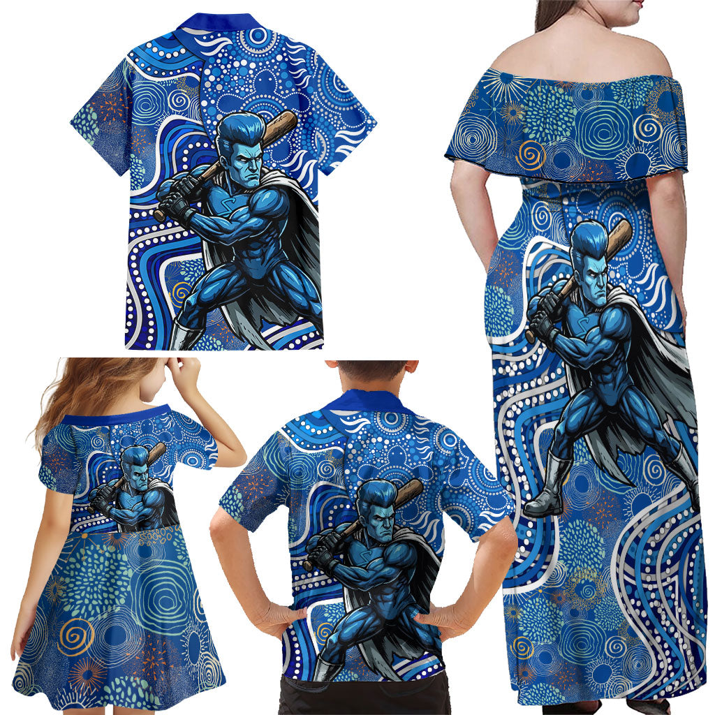 Adelaide Strikers Family Matching Off Shoulder Maxi Dress and Hawaiian Shirt Indigenous Dot Art Superhero Batter Tribal Pattern