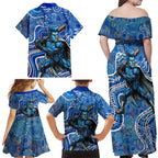 Adelaide Strikers Family Matching Off Shoulder Maxi Dress and Hawaiian Shirt Indigenous Dot Art Superhero Batter Tribal Pattern