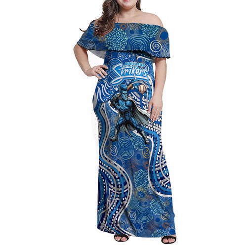 Adelaide Strikers Family Matching Off Shoulder Maxi Dress and Hawaiian Shirt Indigenous Dot Art Superhero Batter Tribal Pattern