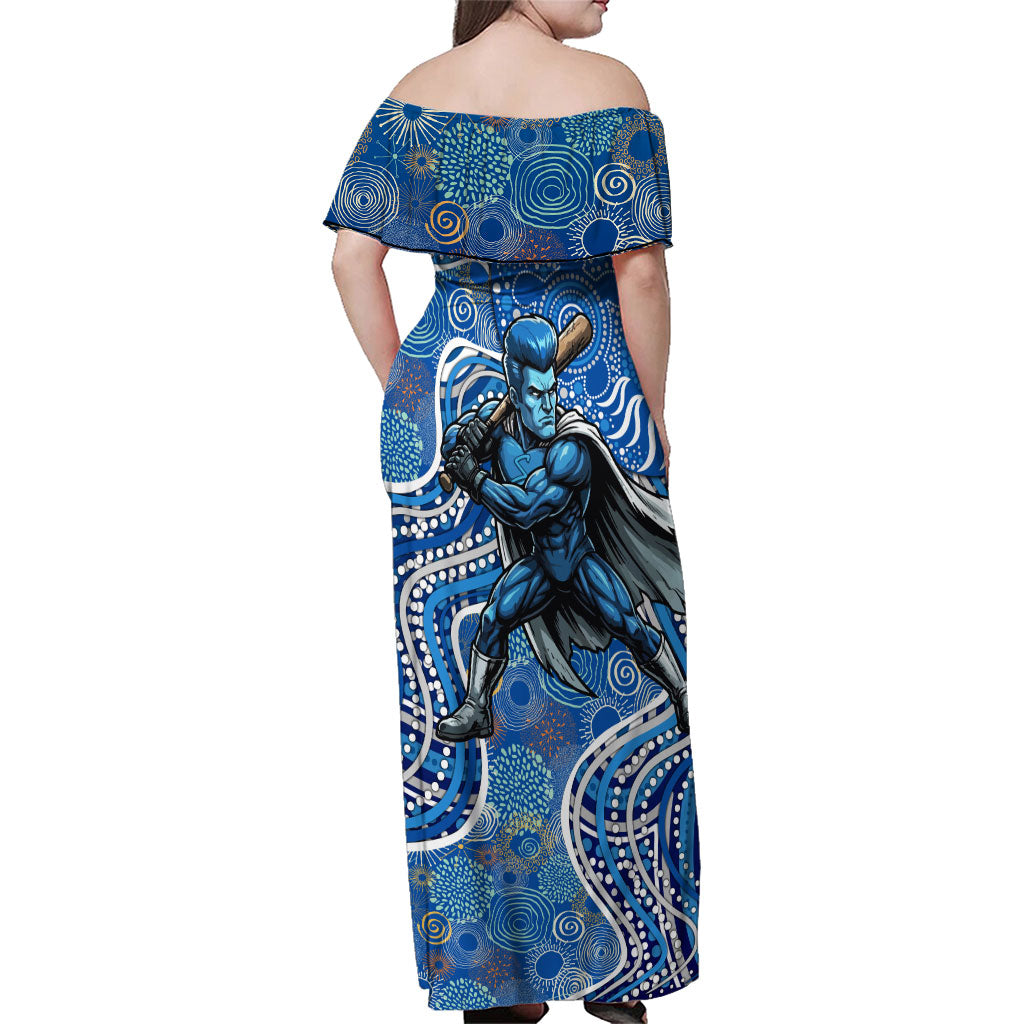 Adelaide Strikers Family Matching Off Shoulder Maxi Dress and Hawaiian Shirt Indigenous Dot Art Superhero Batter Tribal Pattern