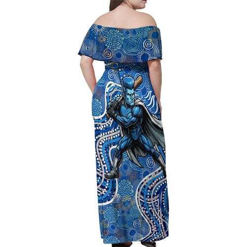 Adelaide Strikers Family Matching Off Shoulder Maxi Dress and Hawaiian Shirt Indigenous Dot Art Superhero Batter Tribal Pattern